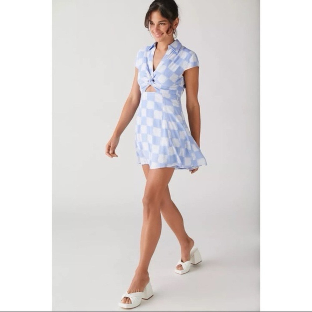 Urban Outfitters Harlow Twist Front Mini Dress, Blue White Floral Check, Small - Picture 2 of 12